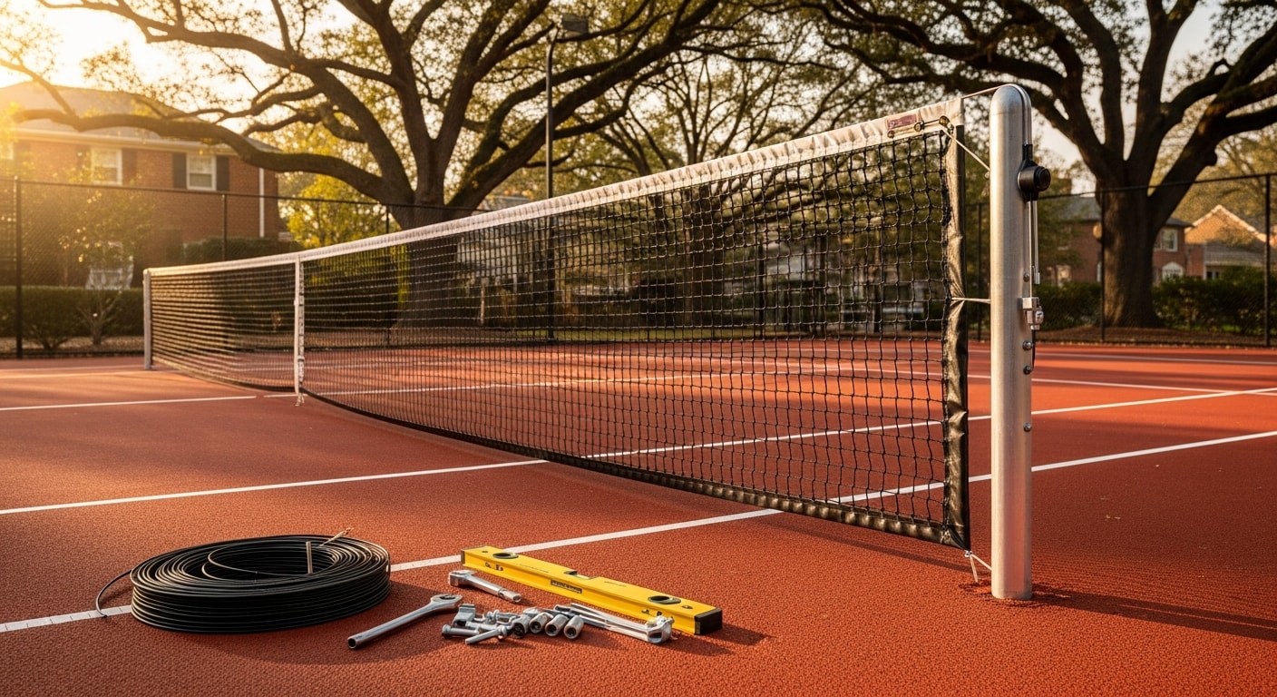 Court net, fence, and lighting installation