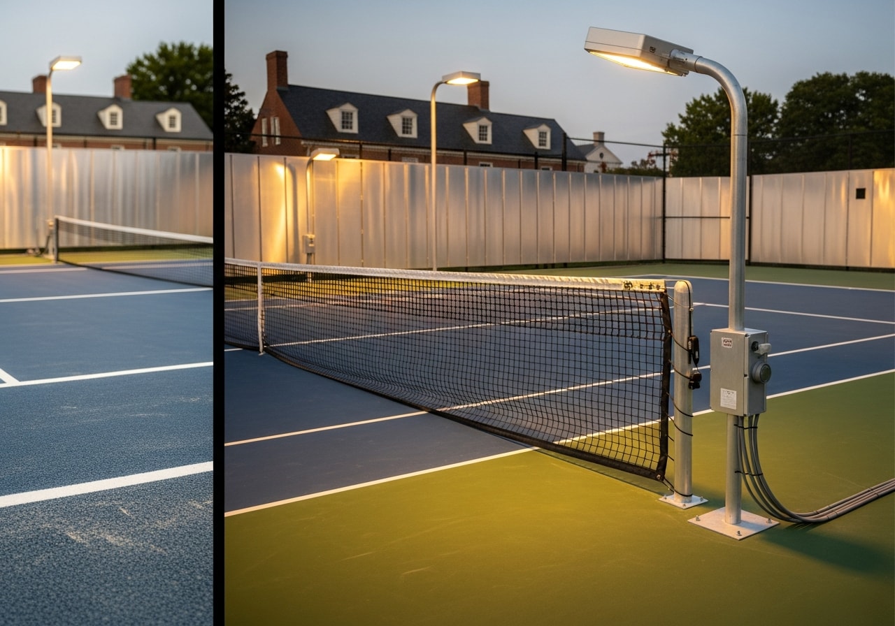 Tennis courts with new LED lighting fixtures and professional-grade nets at Williamsburg Tennis Club
