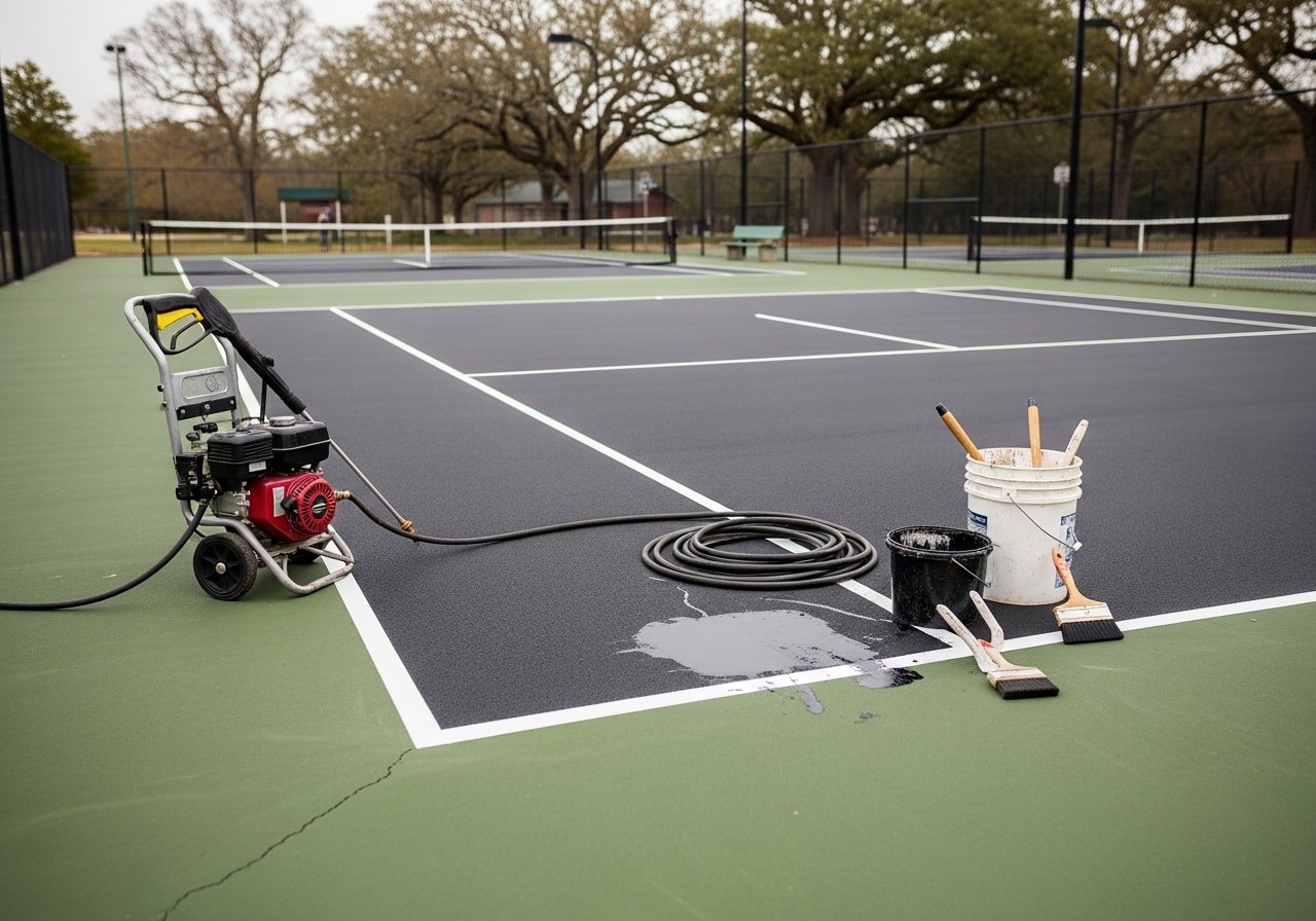 Freshly cleaned and maintained tennis courts with crisp white lines at Fairfax County Parks facility