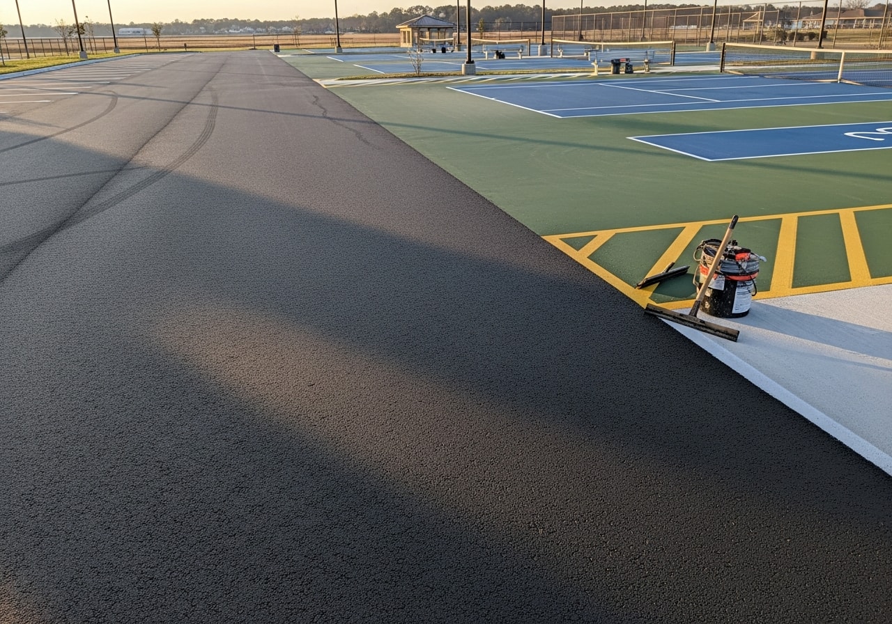 Freshly sealed asphalt parking lot adjacent to tennis courts at Northern Neck Tennis Facility