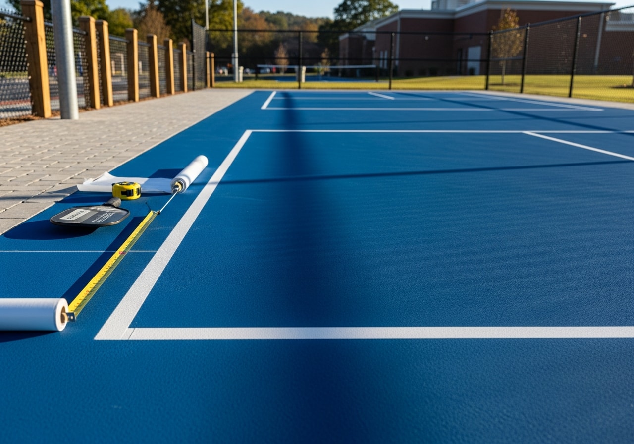 Six newly marked pickleball courts with green acrylic surface at Roanoke Community Center