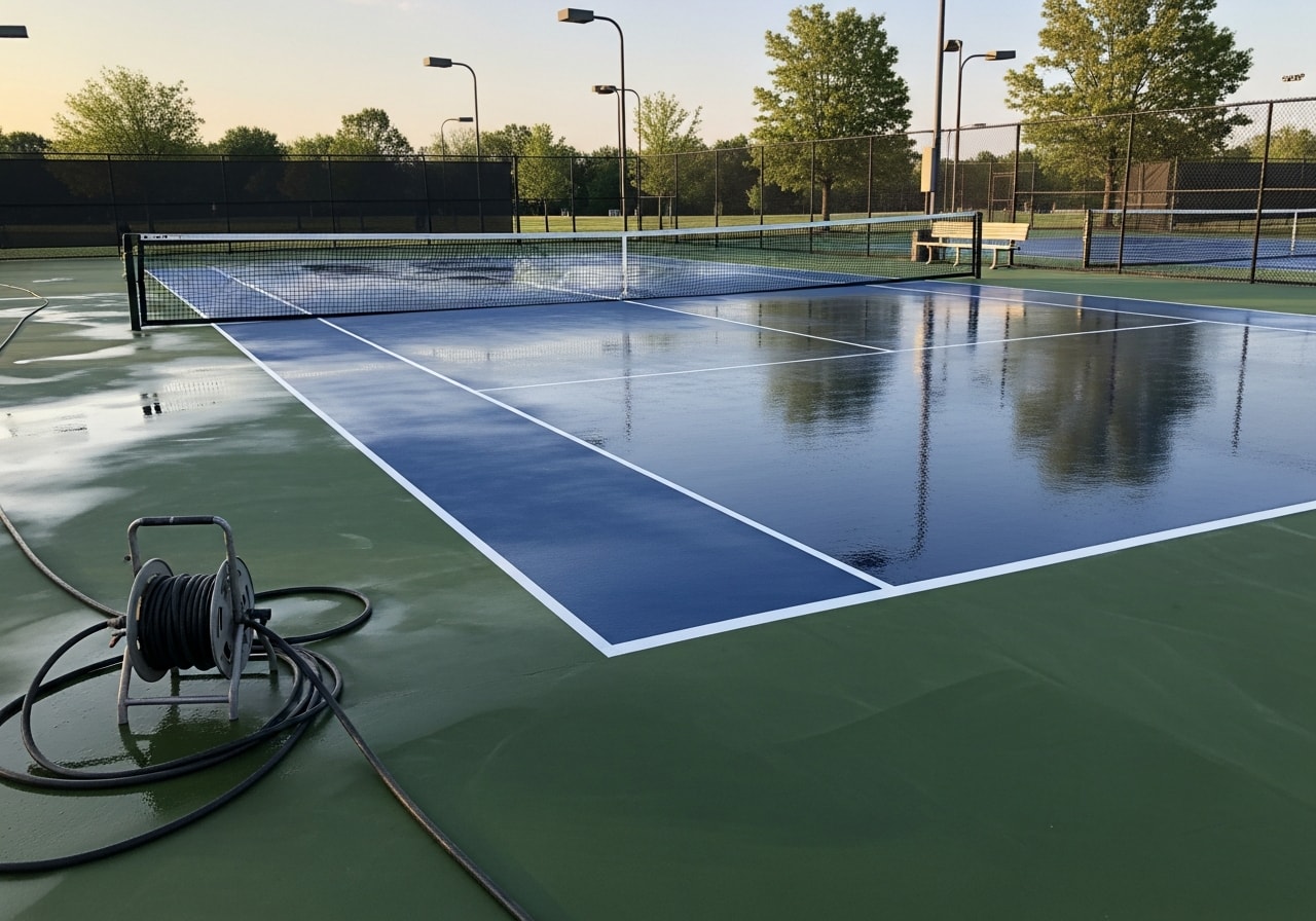 Professionally cleaned tennis courts with restored white lines and clear surface at Henrico County Parks