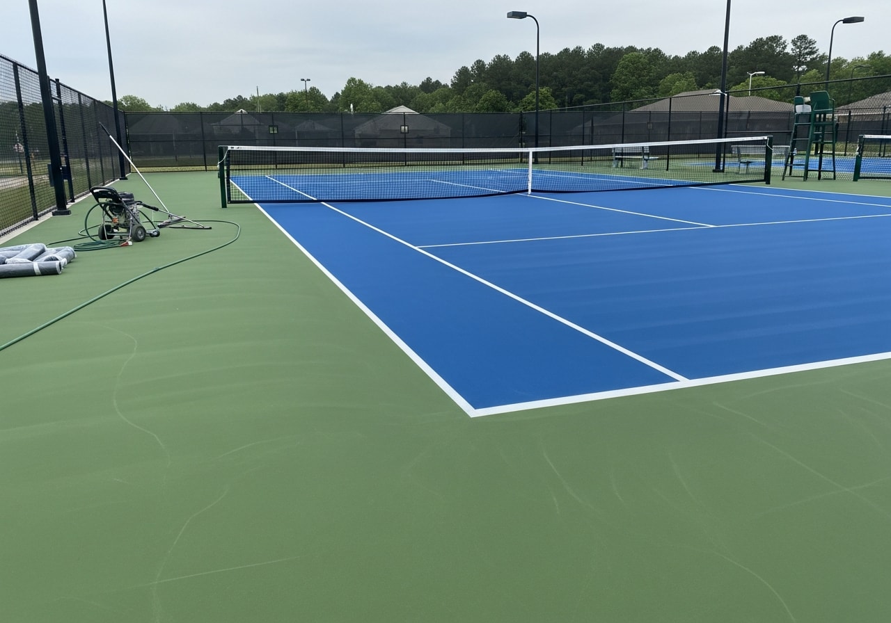 Newly resurfaced hard tennis courts with bright blue acrylic surface at Henrico County Recreation Complex