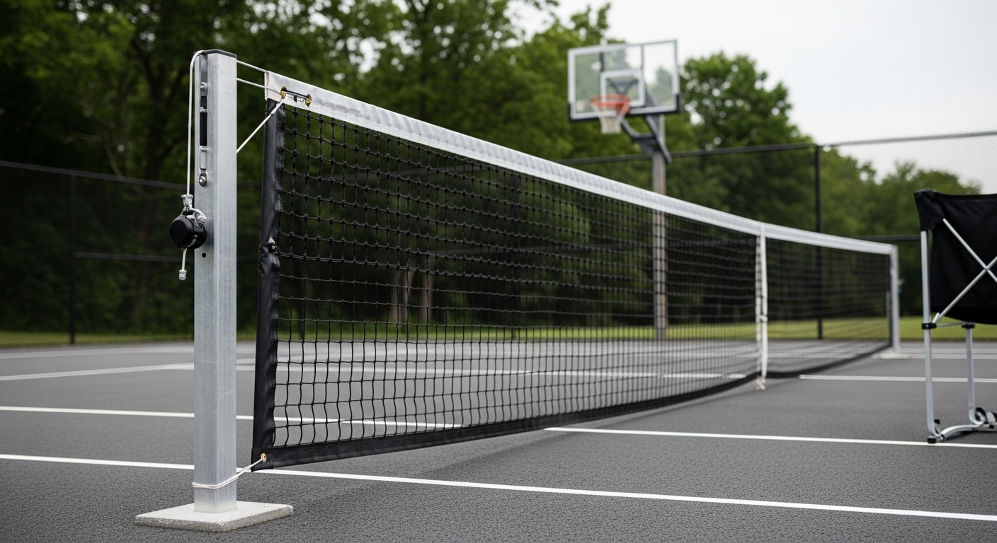 Completed outdoor asphalt basketball and pickleball court in Henrico County, Virginia, with installed hoops, net posts, and perimeter fencing visible under clear daylight. Court lines are freshly marked and accessories are fully mounted on the finished asphalt surface.