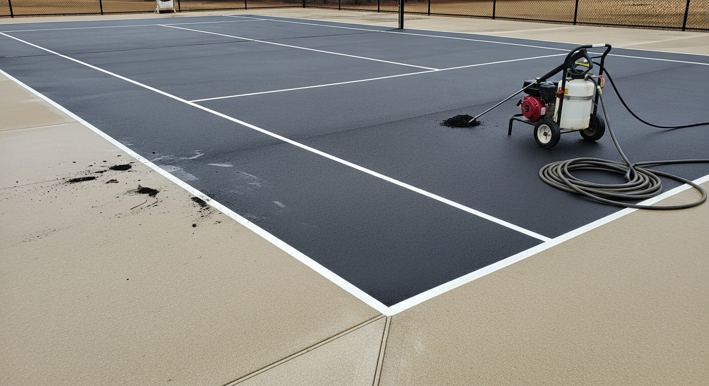 A freshly cleaned asphalt sports court in Henrico County, Virginia, showing restored surface color and clear court lines after algae and mildew removal. The surrounding perimeter is clear of organic debris, with no visible discoloration or slick spots on the playing surface.