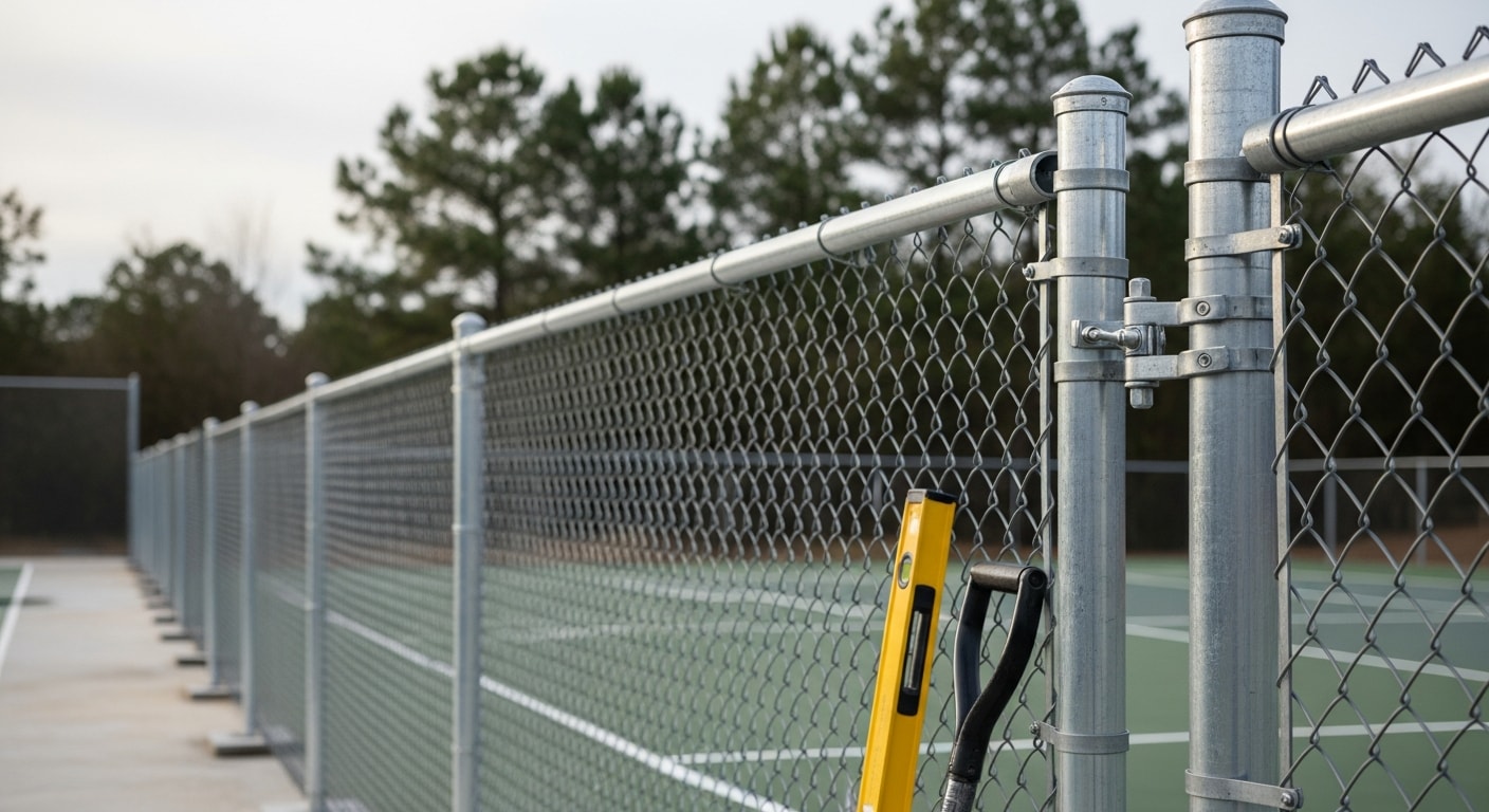 Vinyl-coated chain-link court fencing with a double-access gate surrounds a freshly surfaced outdoor tennis court in Henrico County, Virginia. Posts are set in concrete footings with a top rail running the full perimeter of the court.