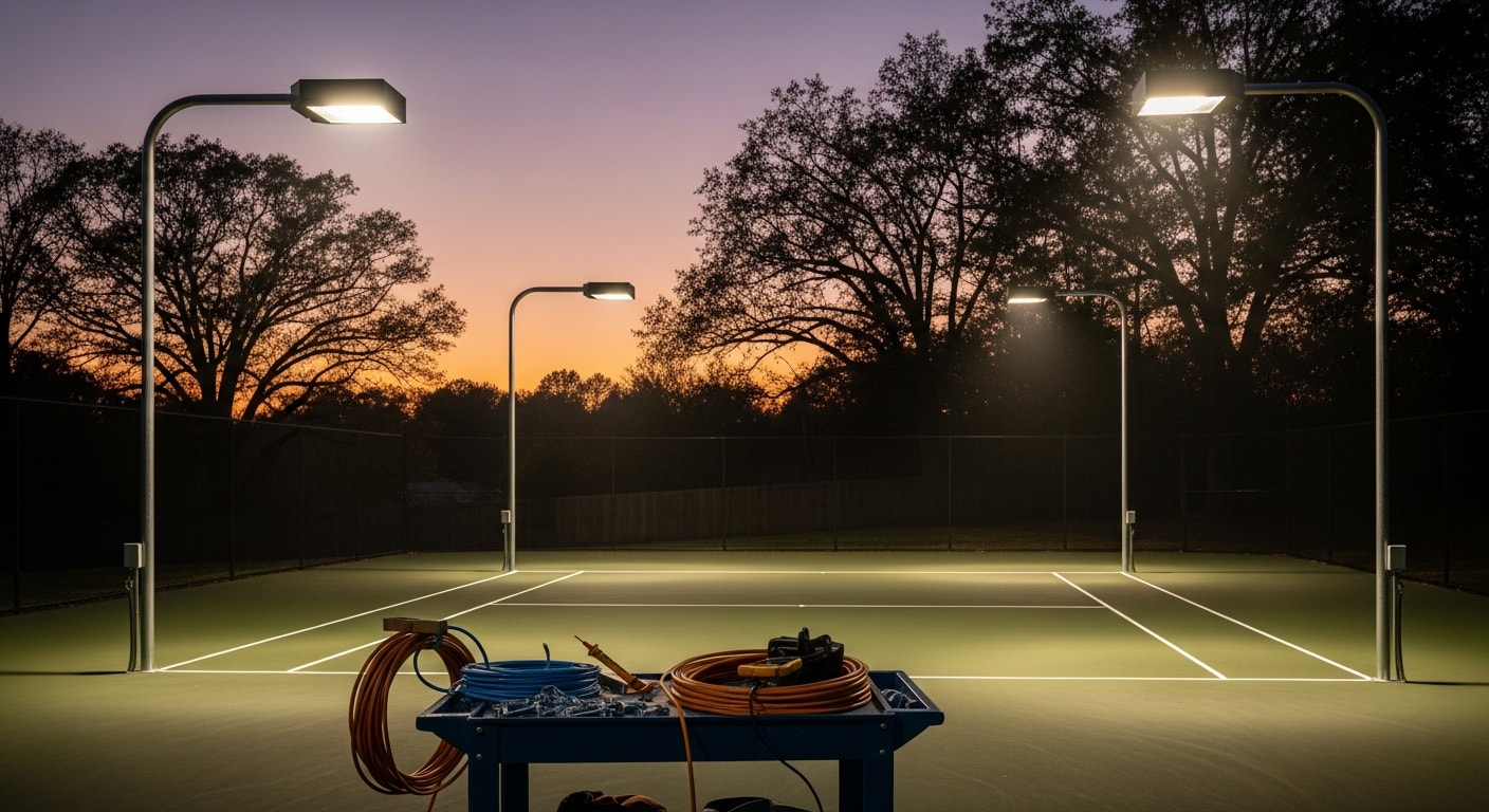 Outdoor sports court in Henrico County, Virginia illuminated at dusk by pole-mounted LED fixtures with even light coverage across the full playing surface. Court lines are clearly visible with no dark shadows or glare spill onto the surrounding yard.
