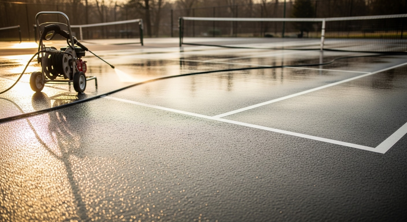 A freshly cleaned asphalt basketball court in Henrico County, Virginia, showing clear painted boundary lines and a debris-free surface after professional court maintenance service. The surrounding area reflects a typical Central Virginia residential or community property setting.