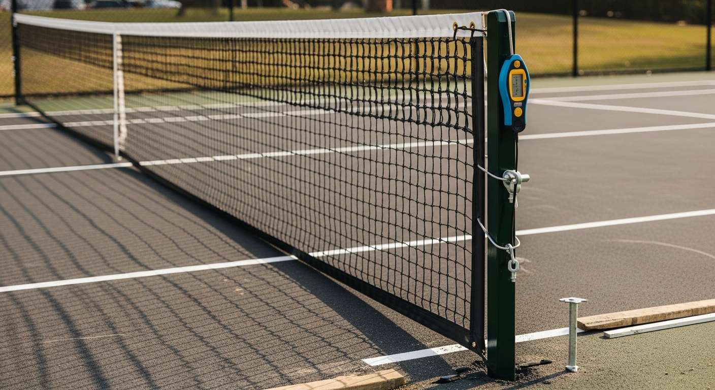 A freshly installed regulation net stretched across an outdoor pickleball court with an asphalt surface in Henrico County, Virginia. Net posts are anchored flush to the court with the net at regulation height, ready for play.