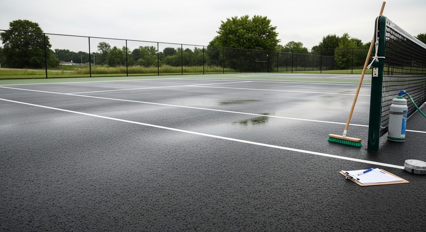 A clean, freshly maintained outdoor asphalt court in Henrico County with clear line markings and no visible algae or debris. A net stands in proper position on a bright Central Virginia day following a monthly maintenance visit by Asphalt Worxx.