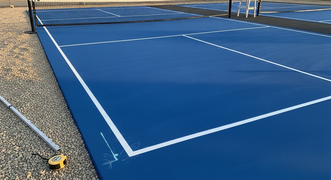 Freshly completed outdoor pickleball court with bright acrylic color coating and regulation line striping on a residential property in Henrico County, Virginia. The asphalt base court shows clean non-volley zone markings and a net post installation with open lawn visible in the background.