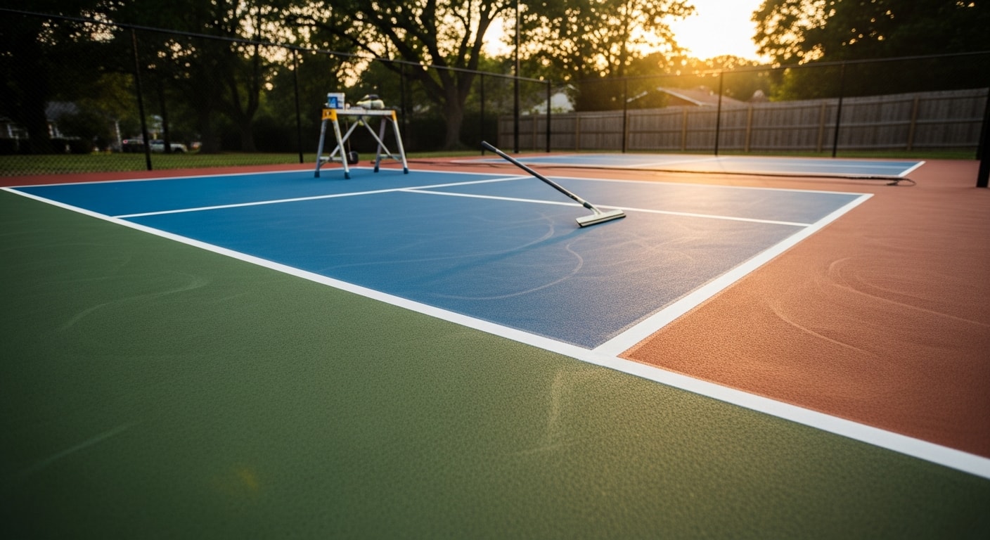 Freshly converted asphalt pickleball court in Henrico County, Virginia, showing regulation color-coated surface with white boundary lines and kitchen striping. The court sits on a repaired and resurfaced asphalt pad surrounded by a residential property in the Richmond Metro area.