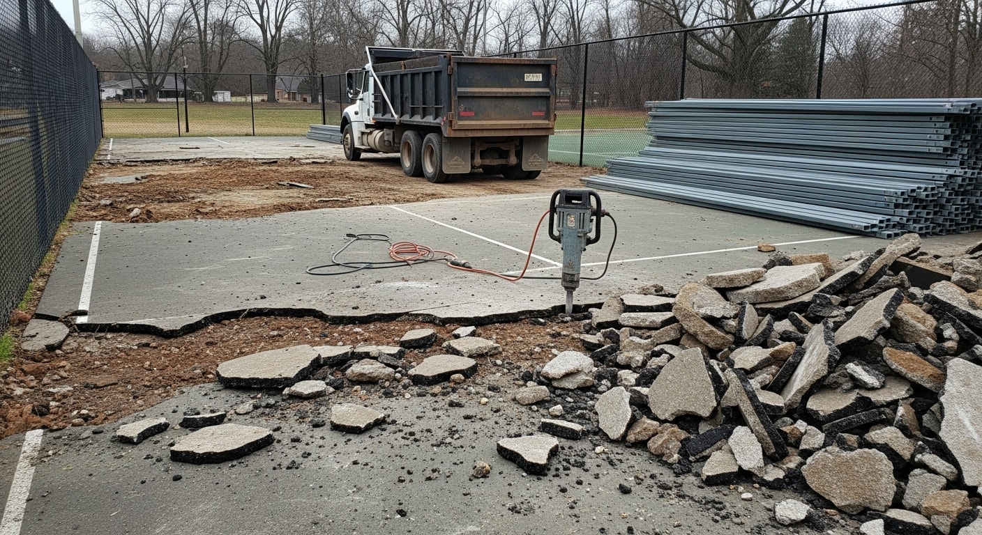 A Henrico County backyard after full pickleball court demolition, showing a cleared and graded site with all asphalt, concrete, and fencing removed. The ground is leveled and ready for new construction in the Richmond Metro area.