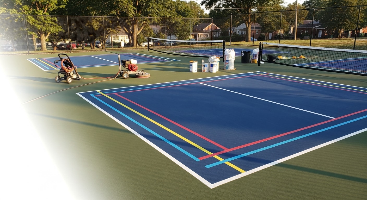 Restored outdoor pickleball court with fresh acrylic surface coating and crisp white regulation lines, located at a residential property in Henrico County, Virginia. Court surface shows no visible cracks or fading after professional restoration by Asphalt Worxx.