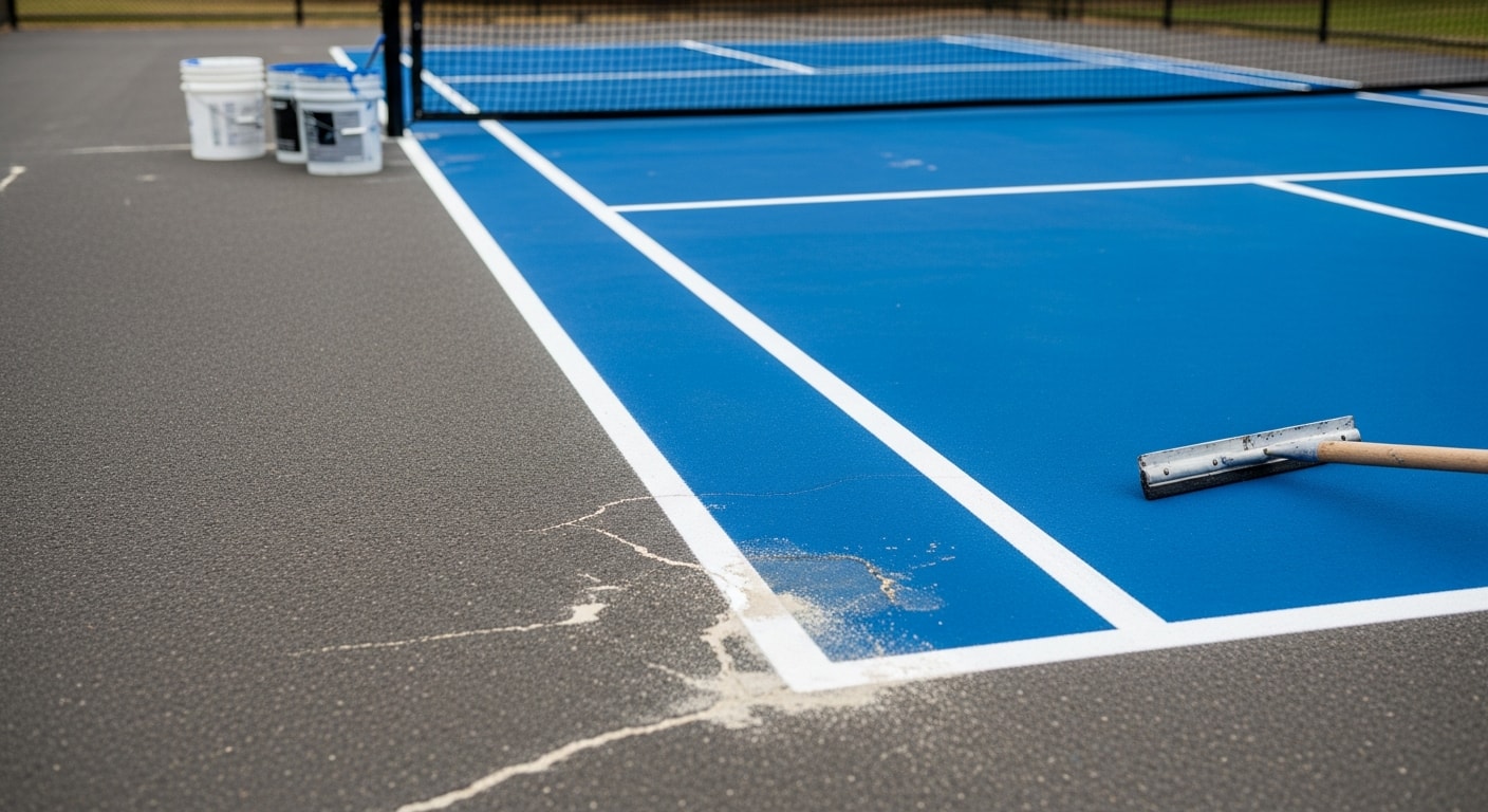 A freshly resurfaced outdoor pickleball court in Henrico County, Virginia, showing smooth color-coated playing surfaces and crisp white regulation lines on an asphalt base. The court is clean and dry with no visible cracks or fading.