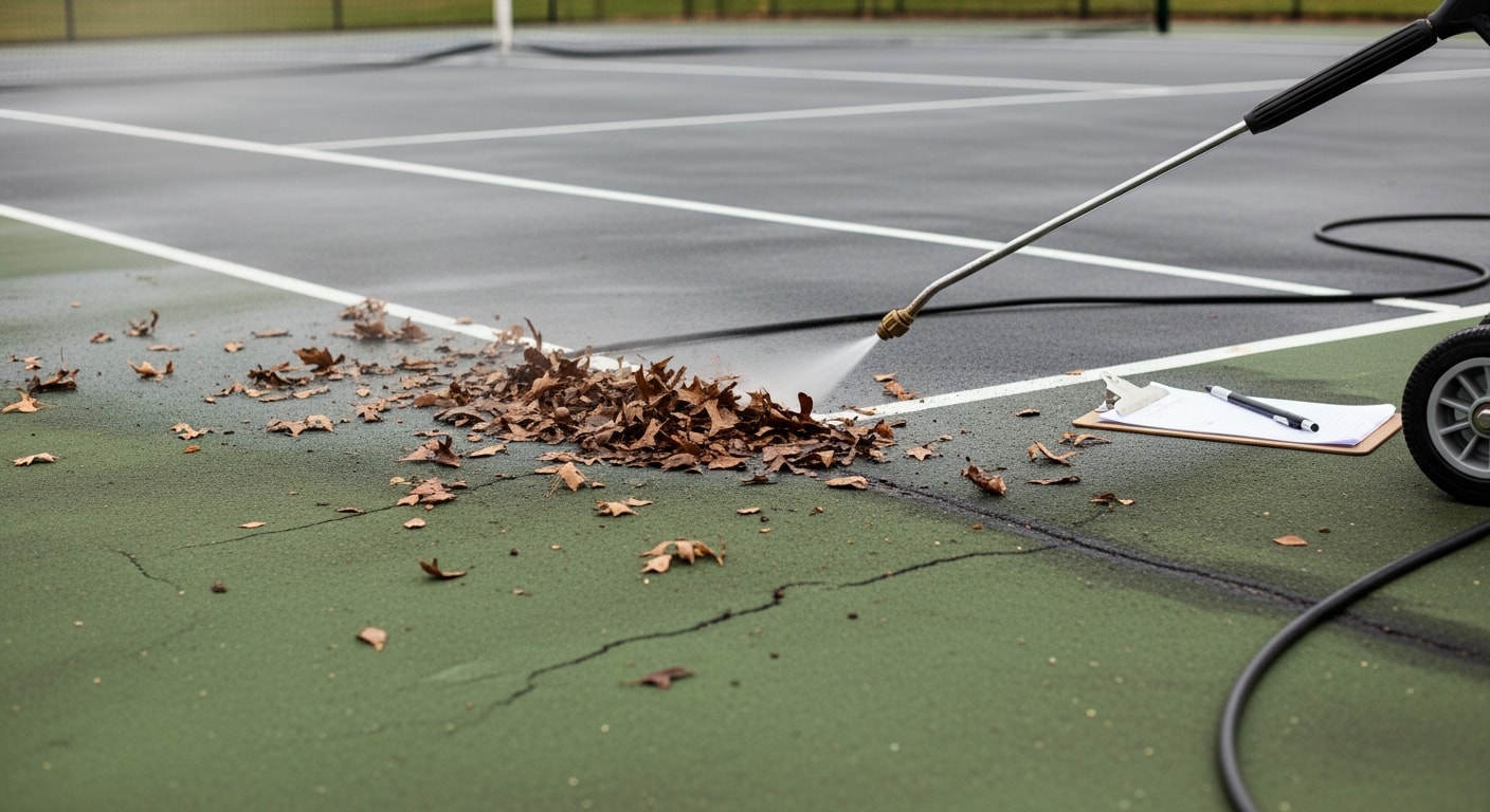 Asphalt sports court in Henrico County shown after seasonal maintenance, with a clean dark surface, freshly filled cracks, and clearly visible court lines. The surrounding area reflects a Central Virginia residential or community property setting.