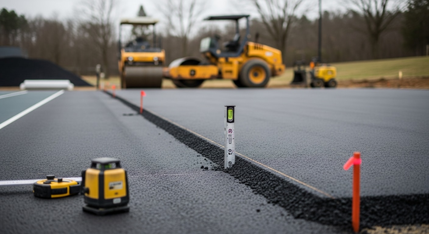 Newly constructed asphalt tennis court with bright acrylic surface coating and regulation white line markings on a residential property in Henrico County, Virginia. The court surface shows clean drainage slope and crisp court lines under clear Central Virginia sky.