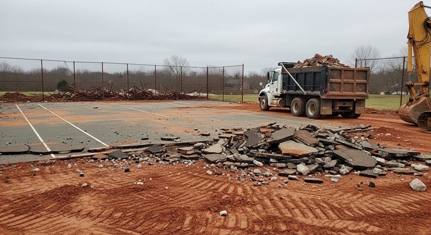 A cleared residential property in Henrico County after full tennis court demolition, with the asphalt surface, fencing, and post foundations removed. The site is graded and open, ready for new construction or landscaping.