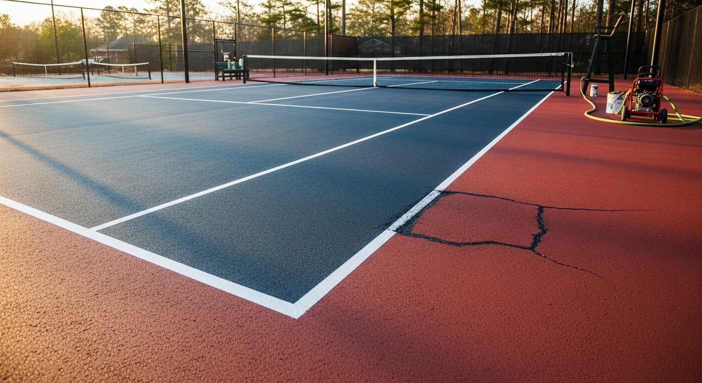 A freshly restored asphalt tennis court in Henrico County, Virginia, showing a smooth green and red acrylic surface with bright white regulation lines. The court is surrounded by a chain-link fence typical of residential and HOA properties in the Richmond Metro area.