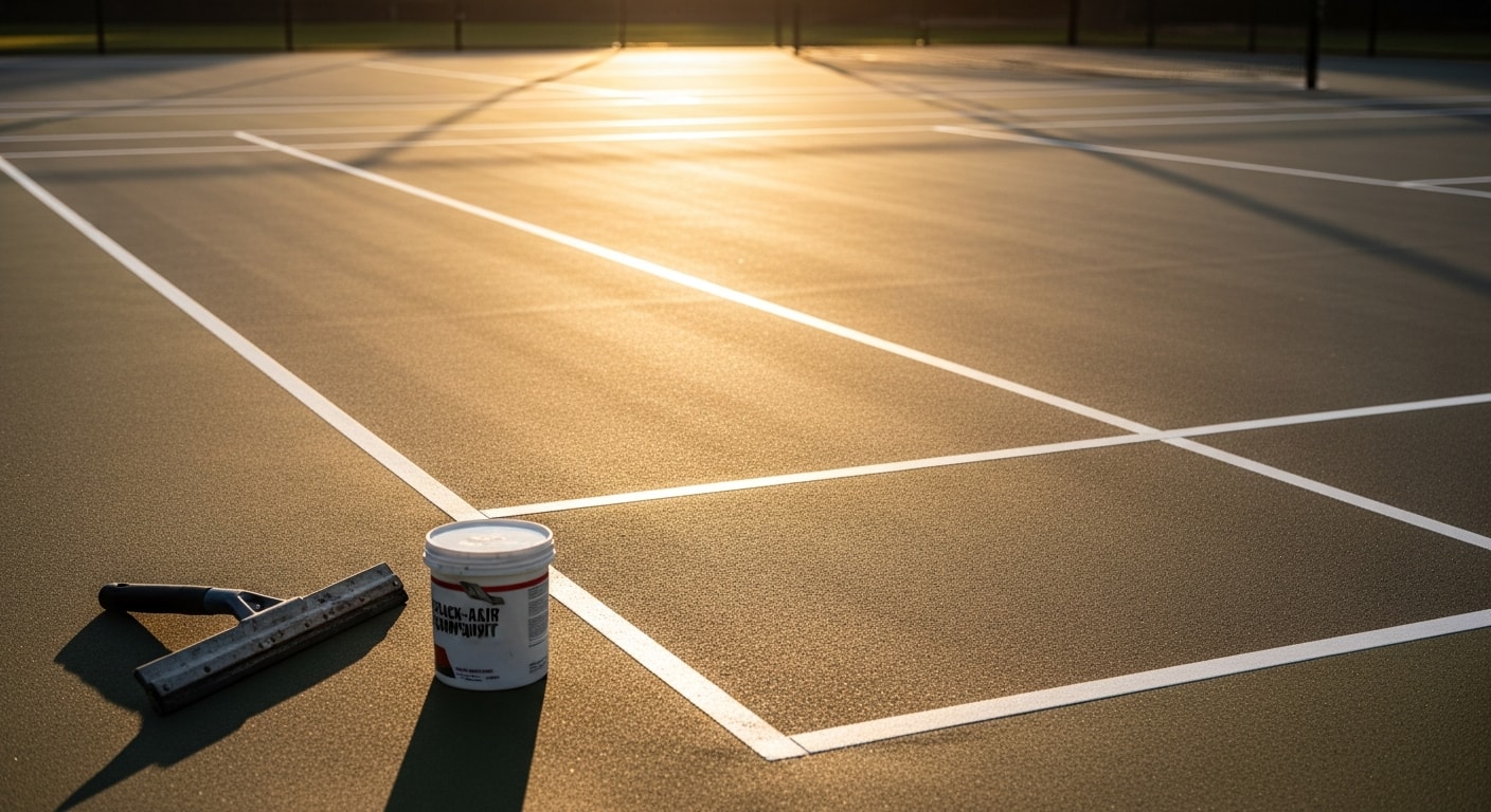 A freshly resurfaced asphalt tennis court in Henrico County, Virginia, showing a smooth color-coated playing surface with crisp white regulation lines. The court is photographed from the baseline, with no visible cracks or fading.