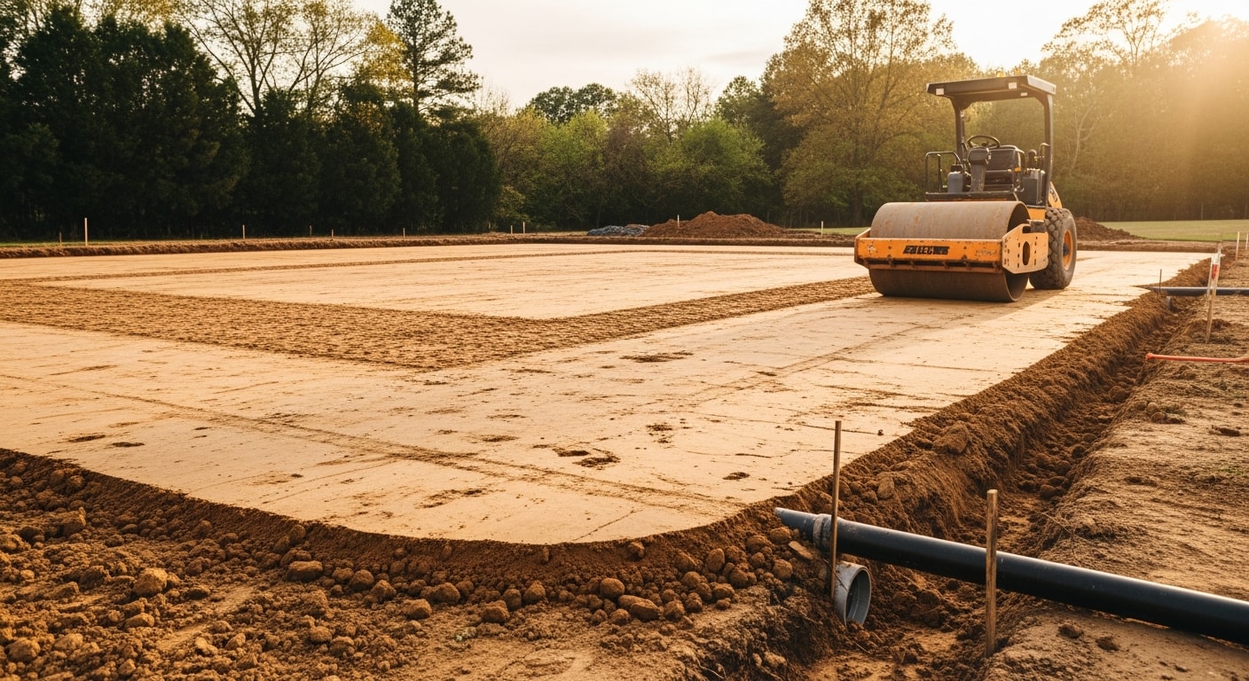 Freshly graded and compacted tennis court subgrade on a residential property in Henrico County, Virginia, with perimeter drainage channels visible along the court edges prior to base installation.