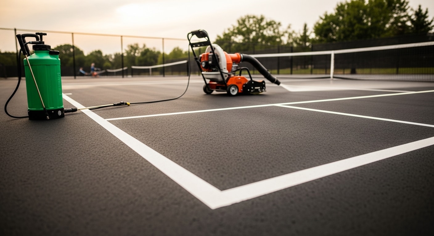 A clean, debris-free asphalt hard court in Henrico County, Virginia, with sharp line markings and no visible algae or organic buildup on the surface. A maintenance technician uses a blower to clear the court perimeter during a scheduled weekly service visit.